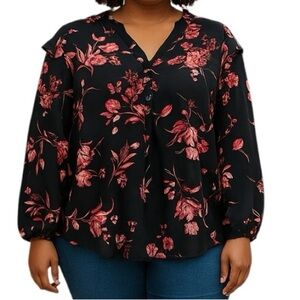Torrid 2 2X Black Pink-Red Floral Long Sleeve V-neck Blouse Office Feminine